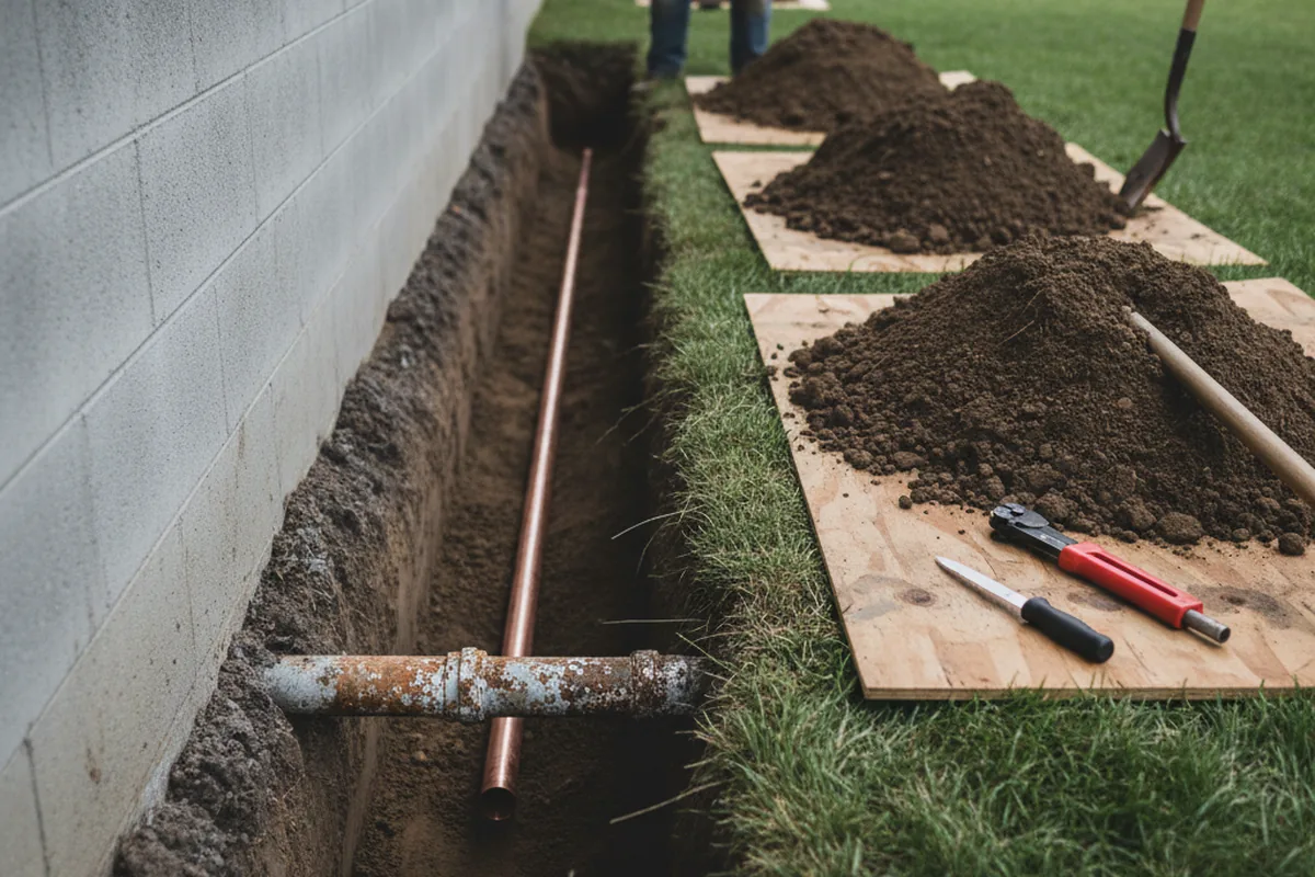 Excavated water line trench during Sewer Line Repair in Brookfield